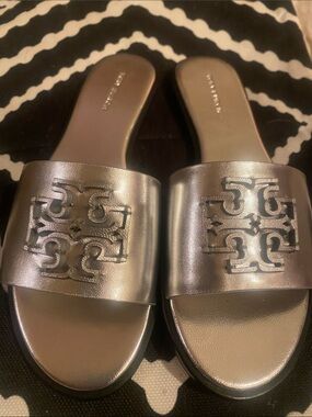 Tory Burch Metallic Silver Logo Slide Sandals